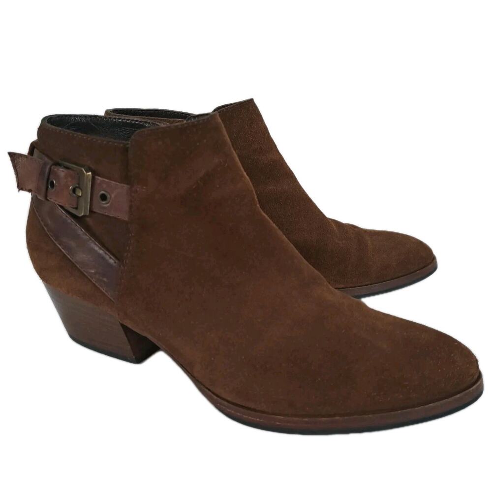 Aquatalia Ankle Boots Womens 7.5 Brown Suede Leather Straps Side Zip Block Heel
